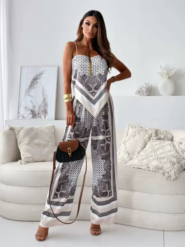 Women’s Sleeveless Set – Silk Blend – Cropped Spaghetti Strap Top – Wide Leg Pants