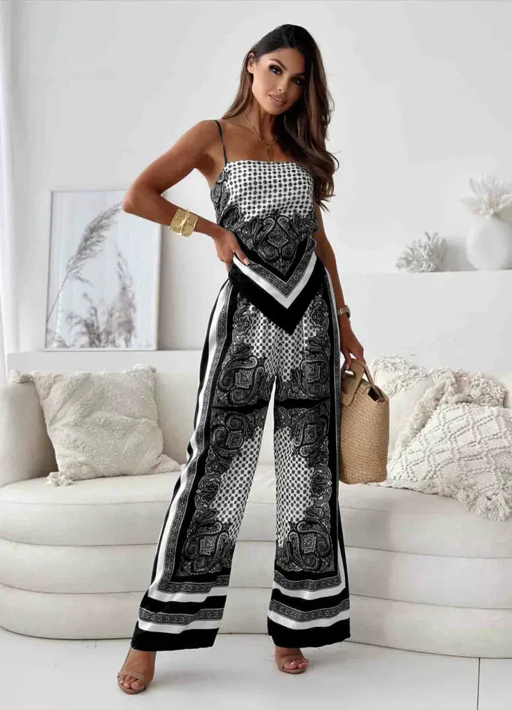 Women’s Sleeveless Set – Silk Blend – Cropped Spaghetti Strap Top – Wide Leg Pants