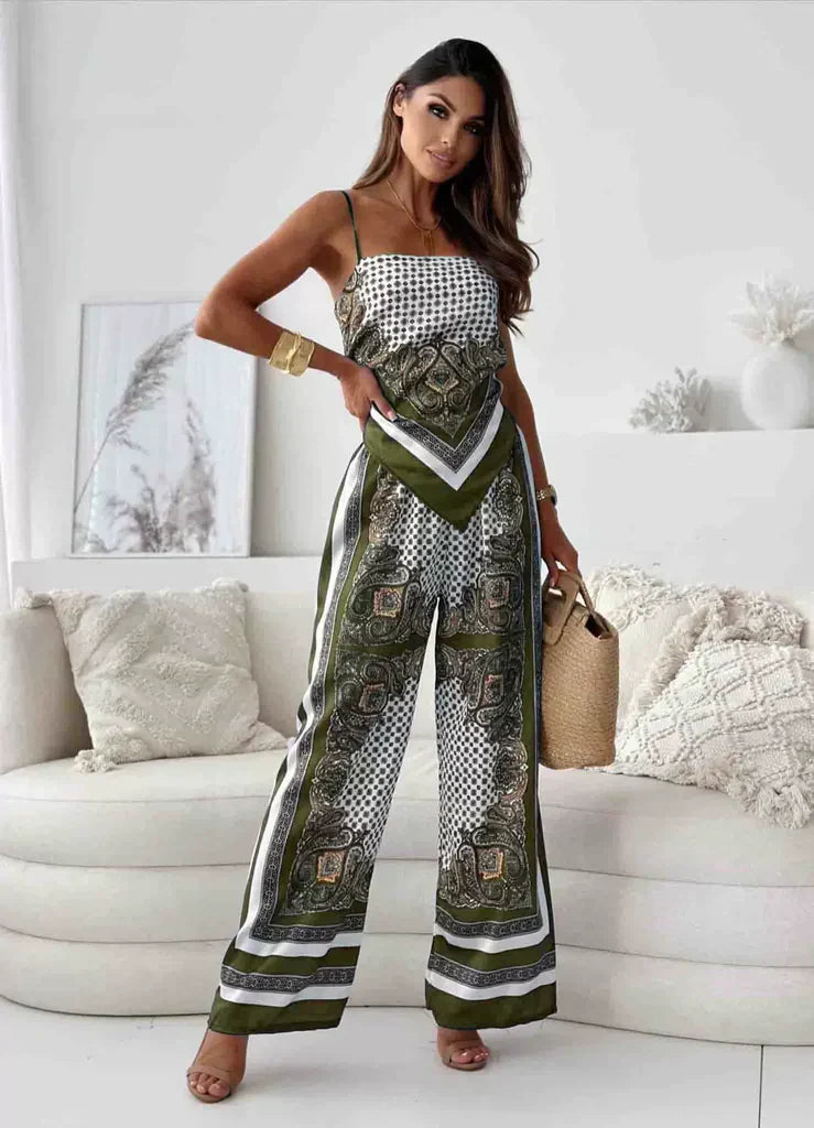 Women’s Sleeveless Set – Silk Blend – Cropped Spaghetti Strap Top – Wide Leg Pants