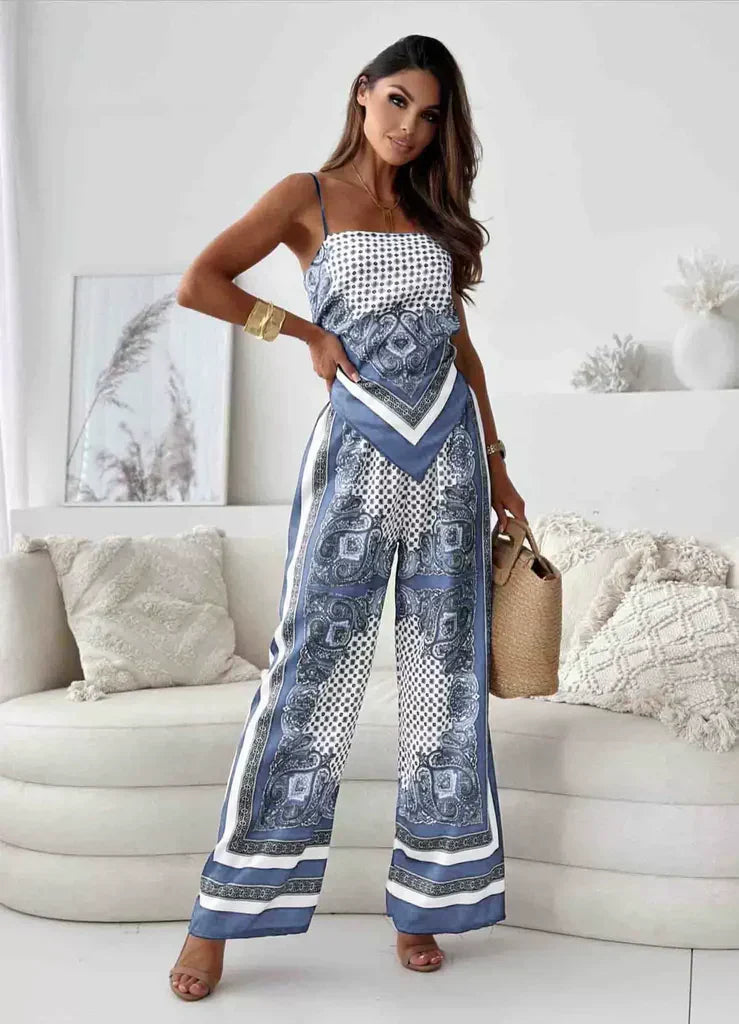 Women’s Sleeveless Set – Silk Blend – Cropped Spaghetti Strap Top – Wide Leg Pants