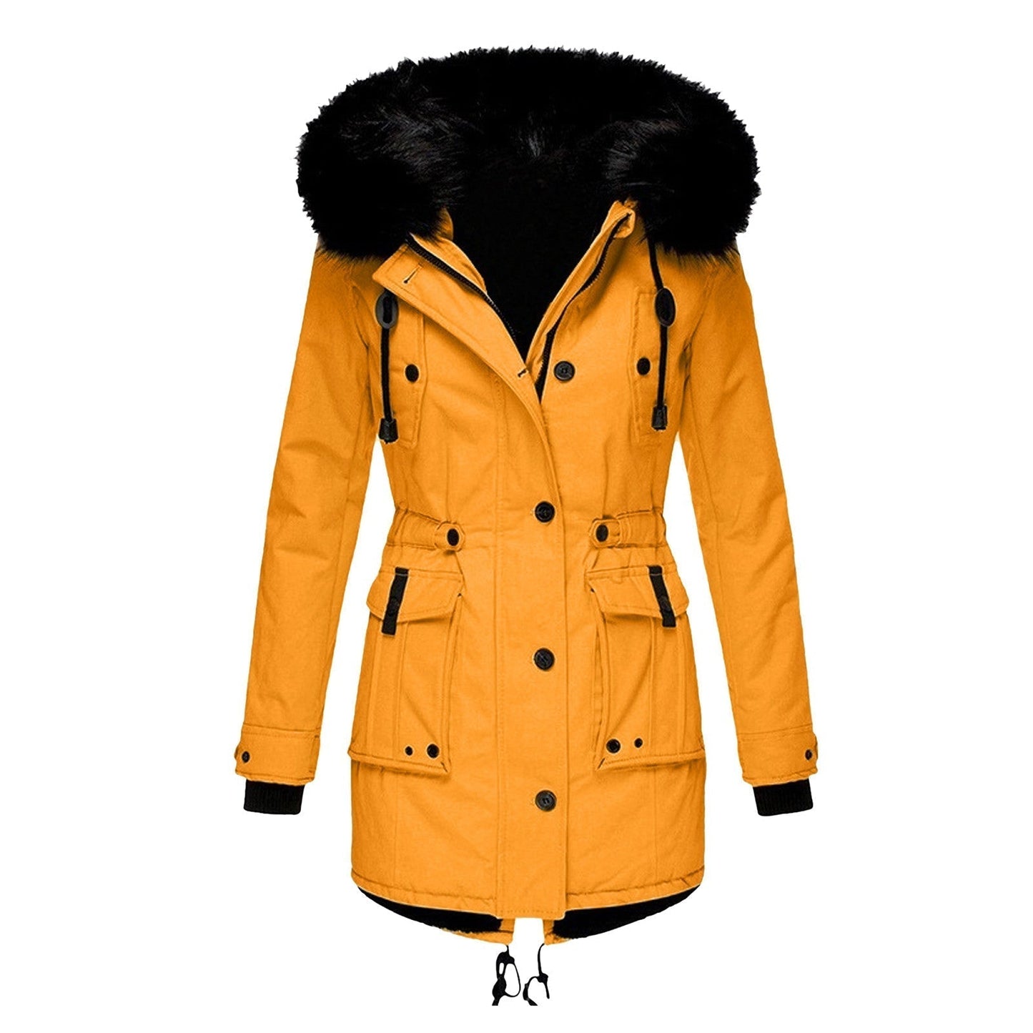 Hooded parka with fur lining and drawstring at the waist