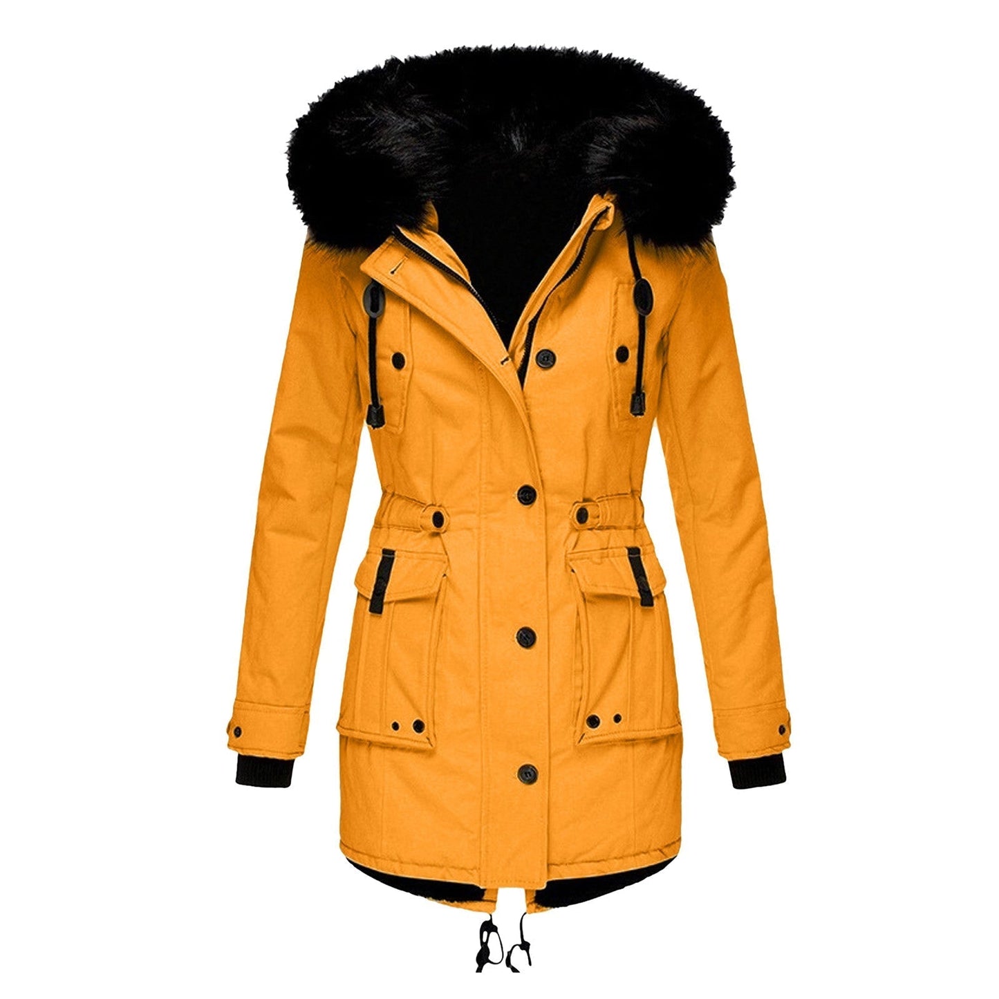 Fur Lined Hooded Parka With Drawstring Waist For Warmth And Comfort In Cold Weather