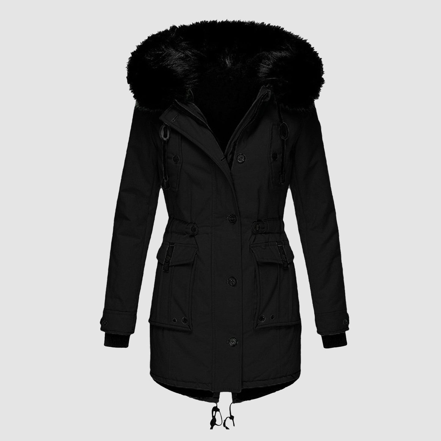 Hooded parka with fur lining and drawstring at the waist