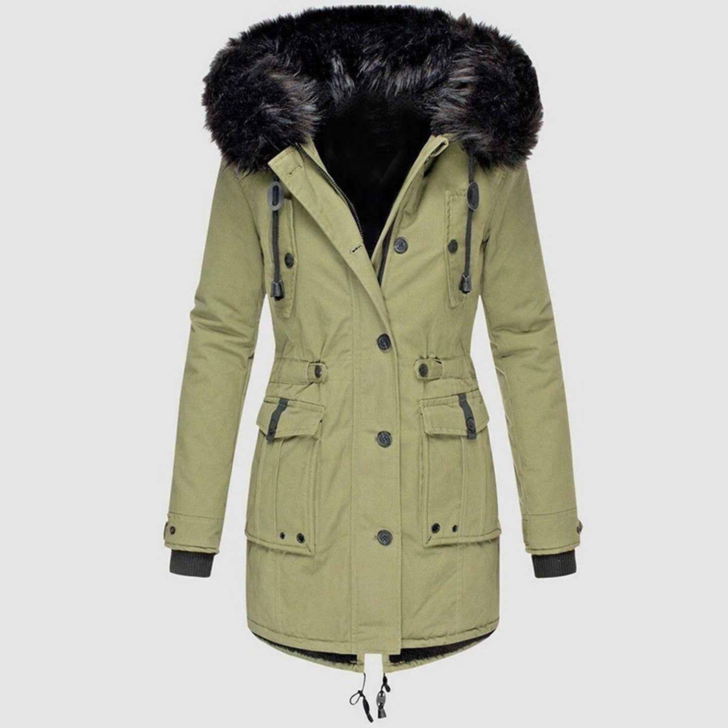Fur Lined Hooded Parka With Drawstring Waist For Warmth And Comfort In Cold Weather