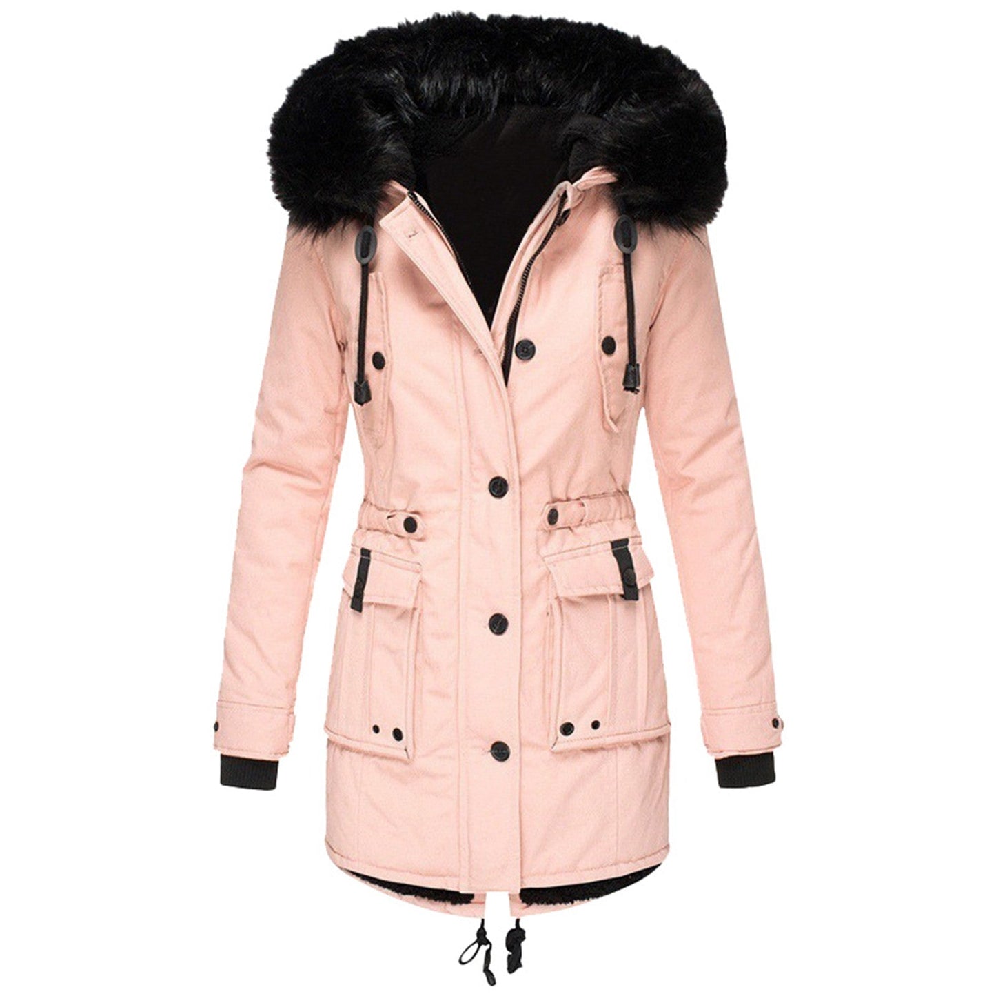 Fur Lined Hooded Parka With Drawstring Waist For Warmth And Comfort In Cold Weather