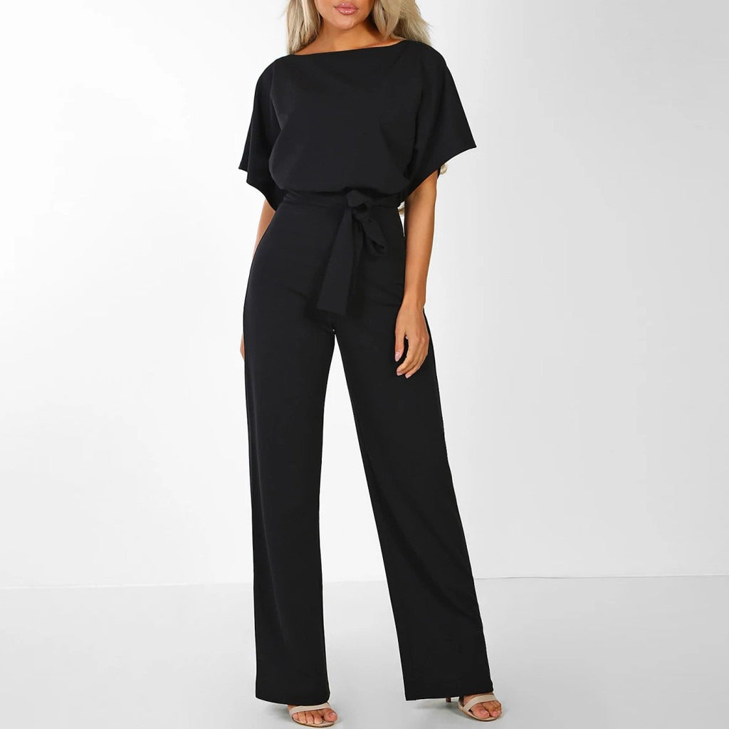 Women's Jumpsuit - Loose Fit - Batwing Sleeves - Waist Tie - Wide Legs