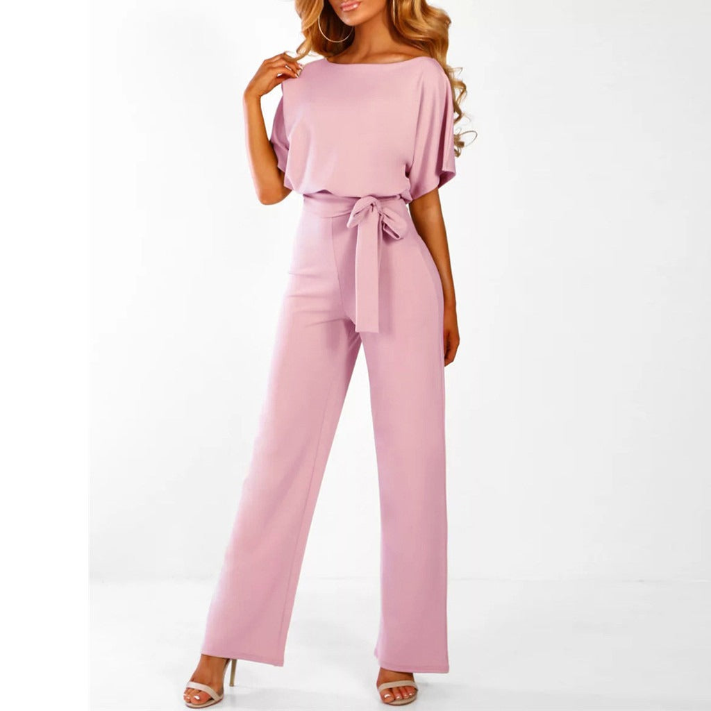 Women's Jumpsuit - Loose Fit - Batwing Sleeves - Waist Tie - Wide Legs