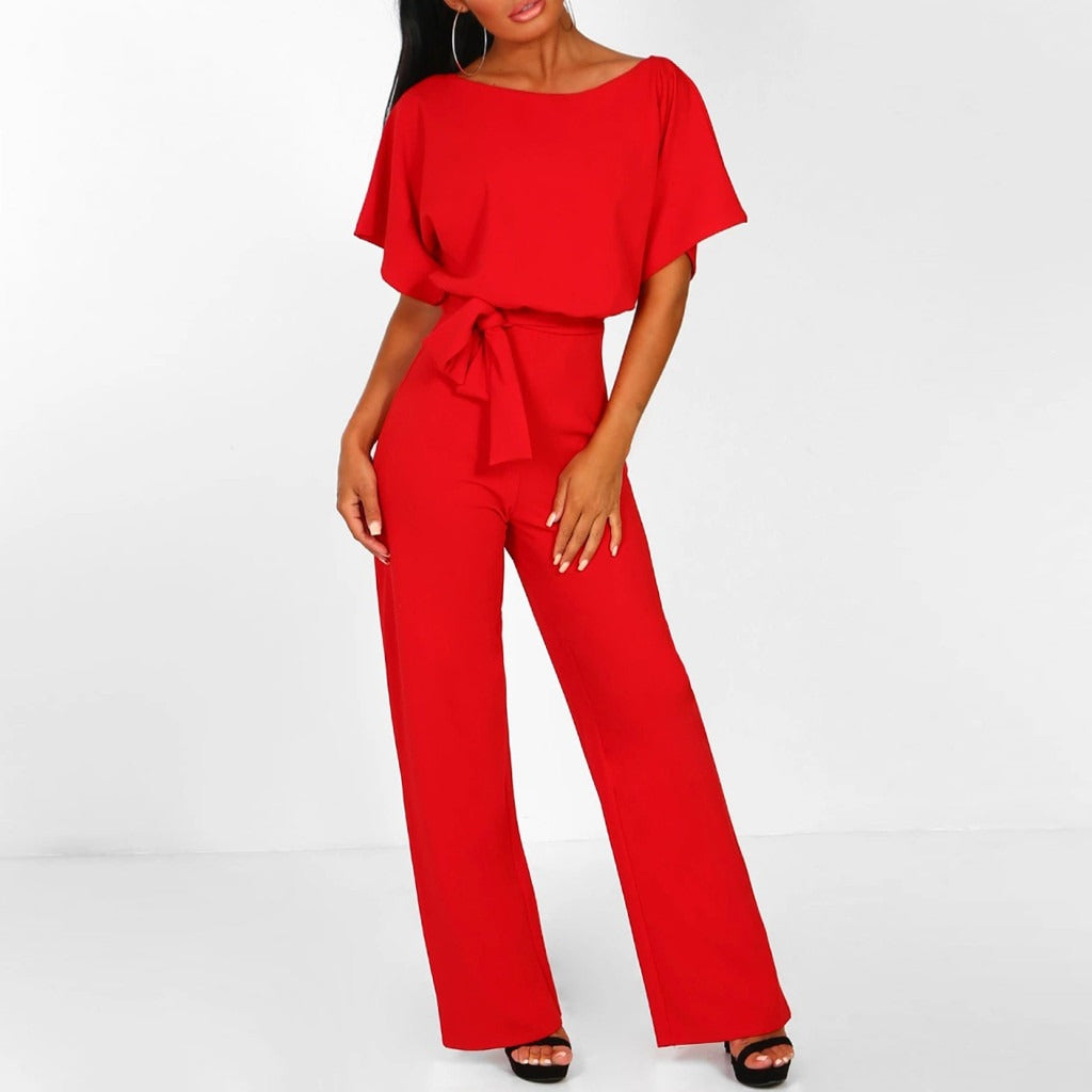 Women's Jumpsuit - Loose Fit - Batwing Sleeves - Waist Tie - Wide Legs