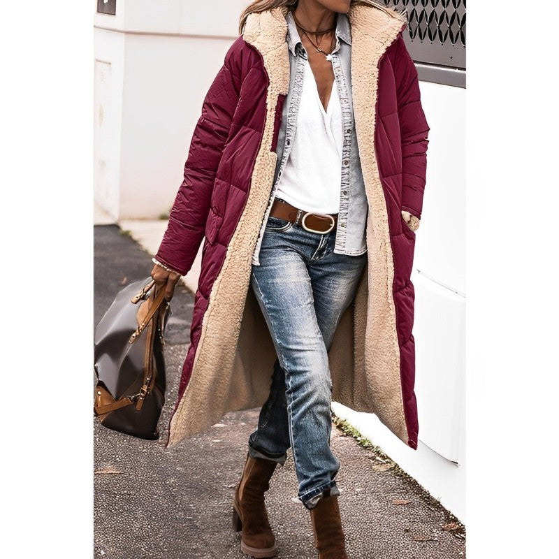 Lambswool-Lined Long Puffer Jacket With Hood For Women Ultimate Warmth And Practical Pockets
