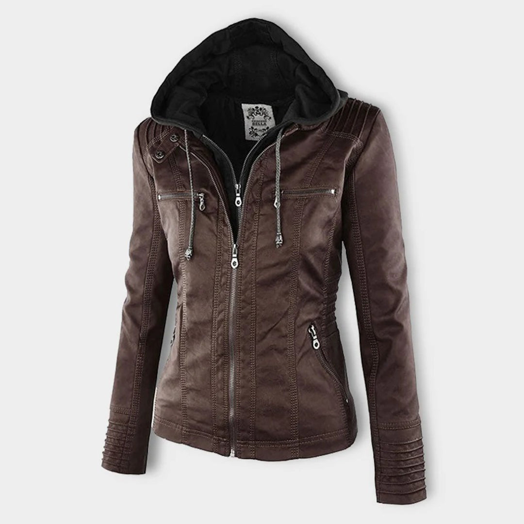 Eco-leather jacket with hood, zipper and pockets