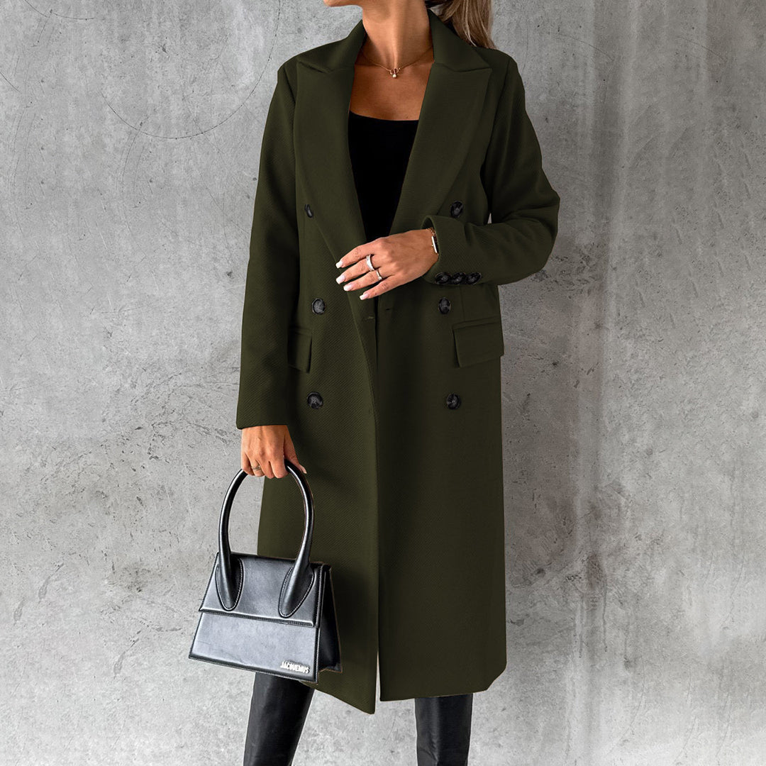 Women's Coat - Double Breasted - Long - Wool Blend - Elegant with Flap Pockets