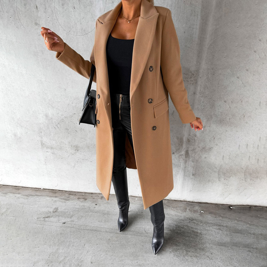 Women's Coat - Double Breasted - Long - Wool Blend - Elegant with Flap Pockets