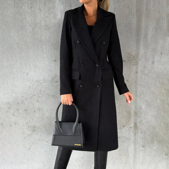 Women’s Coat – Tailored Fit – Wool Blend – Double-Breasted – Knee Length – Flap Pockets