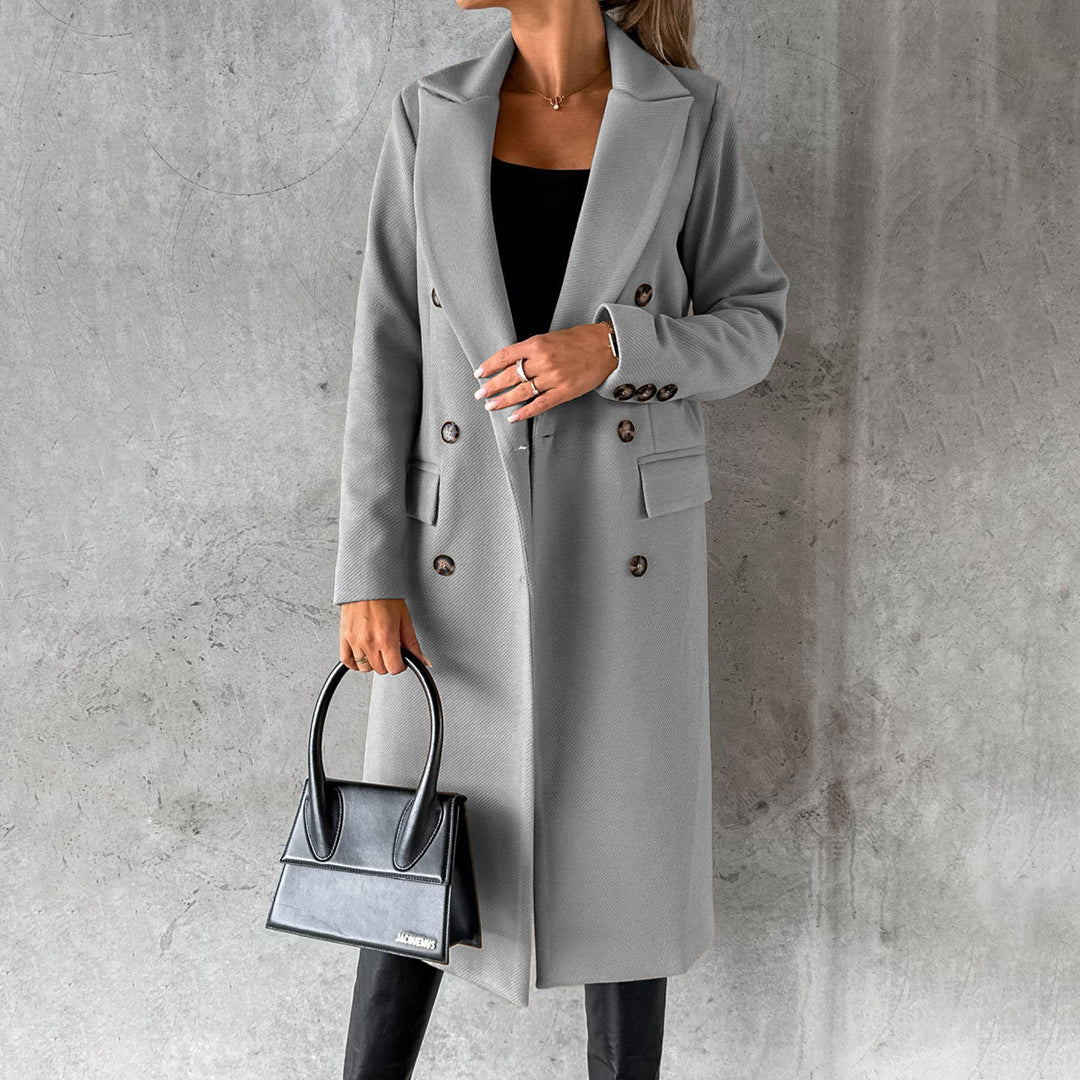 Women's Coat - Double Breasted - Long - Wool Blend - Elegant with Flap Pockets