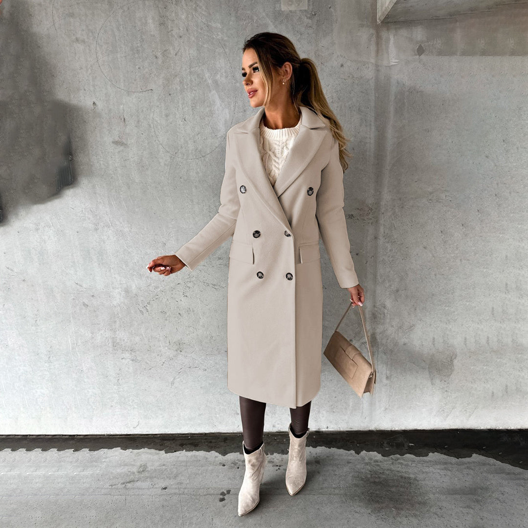 Women's Coat - Double Breasted - Long - Wool Blend - Elegant with Flap Pockets