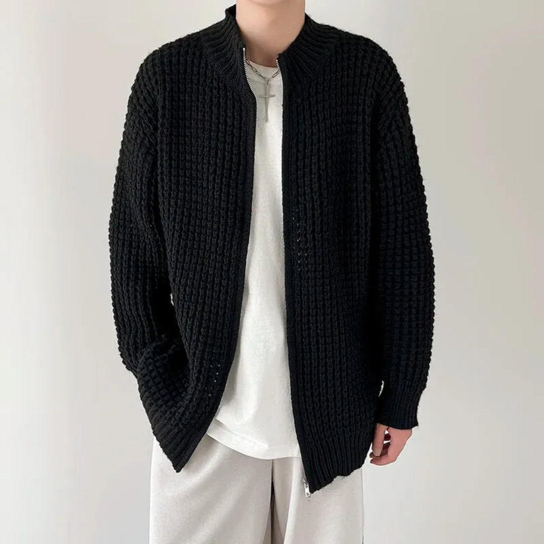 Men's Waffle Knit Sweater With Stand Up Collar Zipper For Layering Warmth And Everyday Premium Comfort