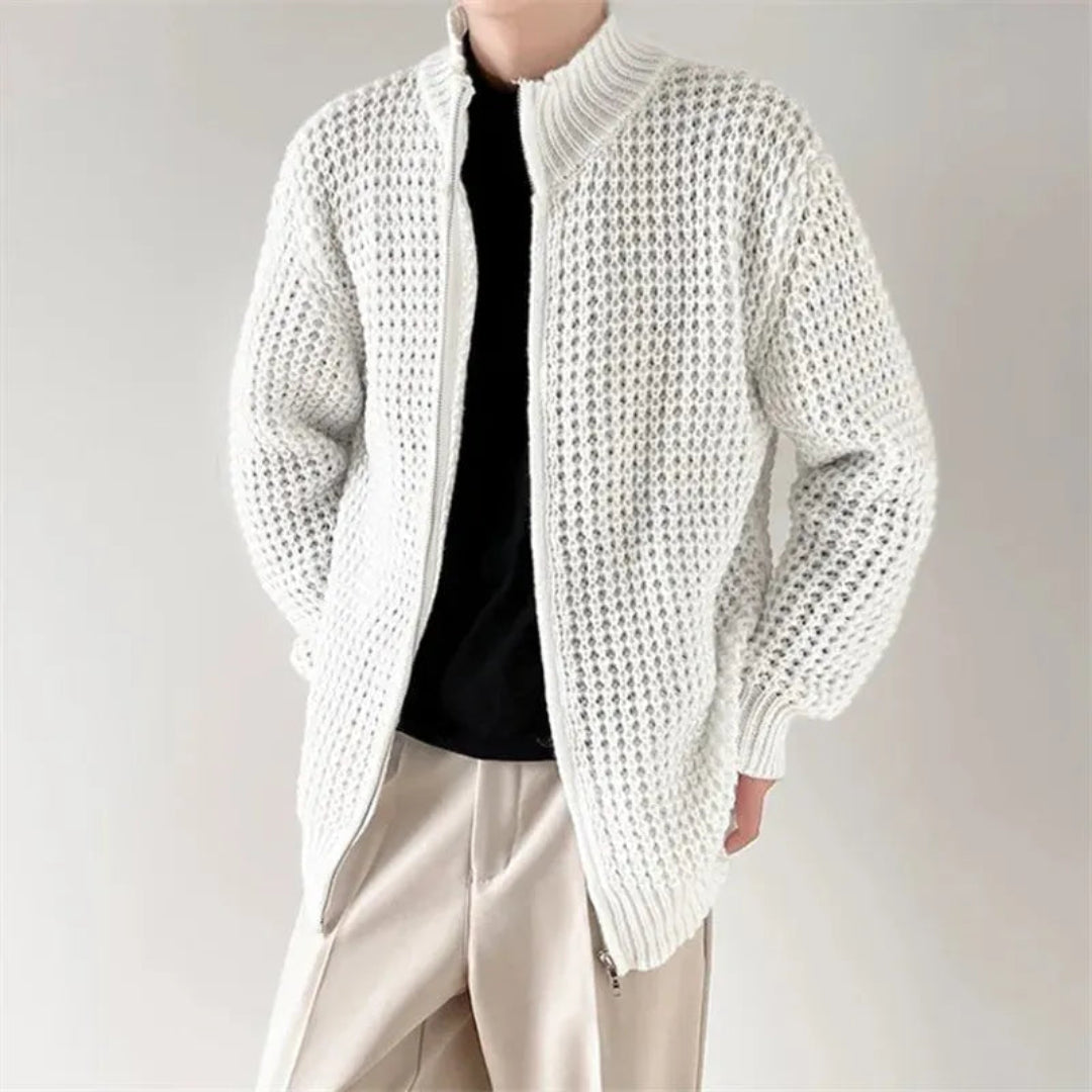 Men's Waffle Knit Sweater With Stand Up Collar Zipper For Layering Warmth And Everyday Premium Comfort