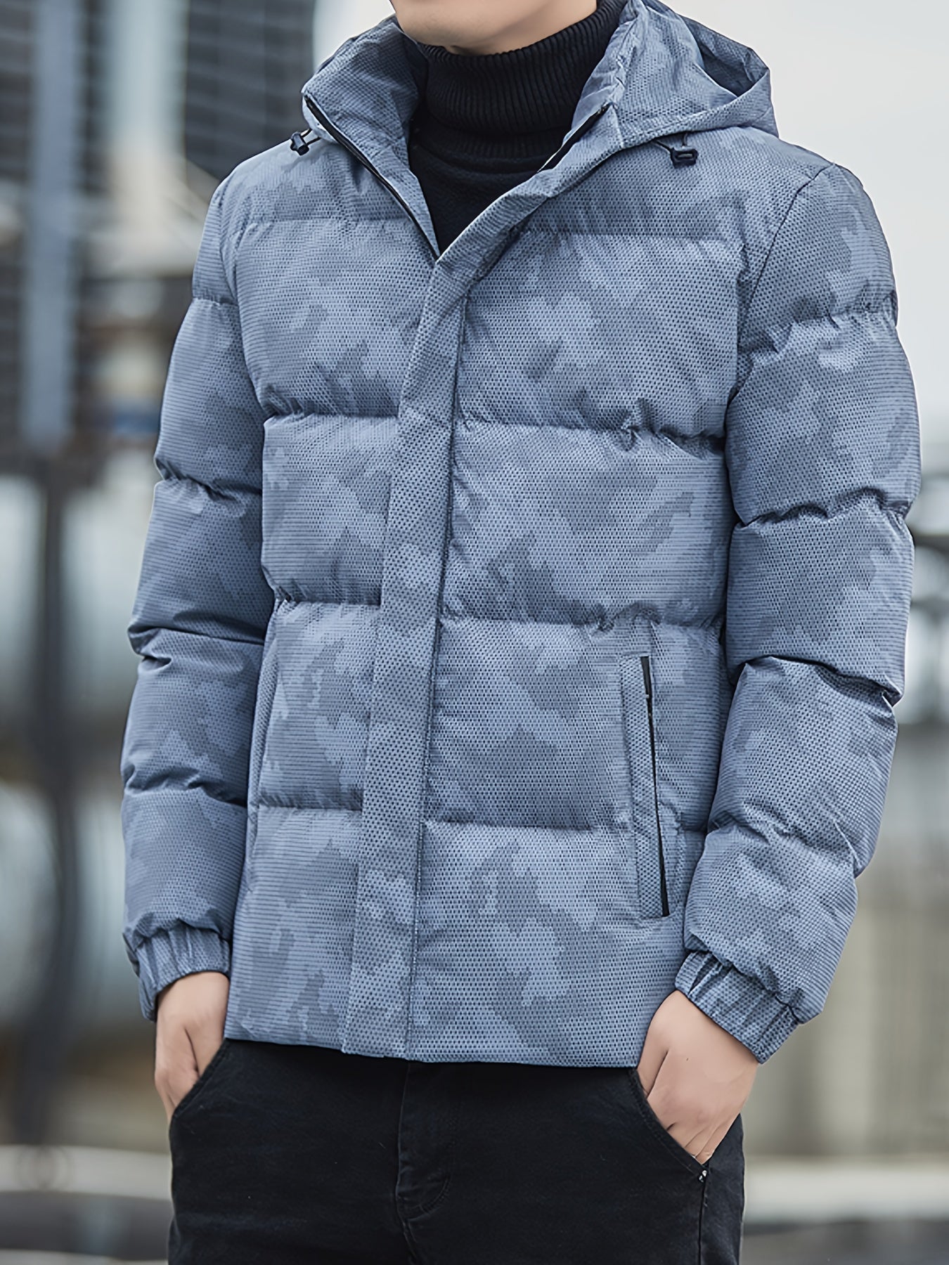 Warm puffer jacket with zipper and stand-up collar