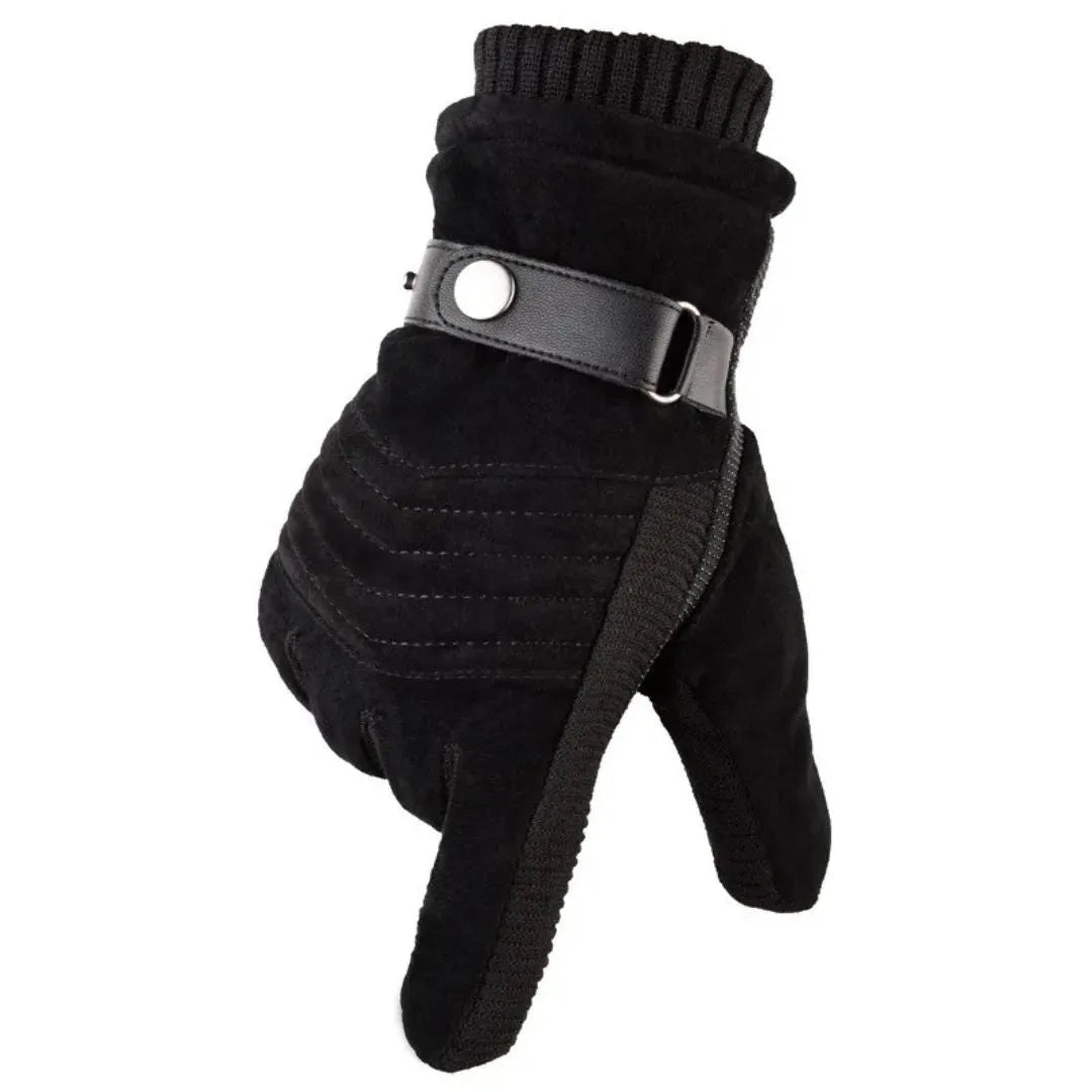 Warm touchscreen winter gloves made of suede with genuine leather accents