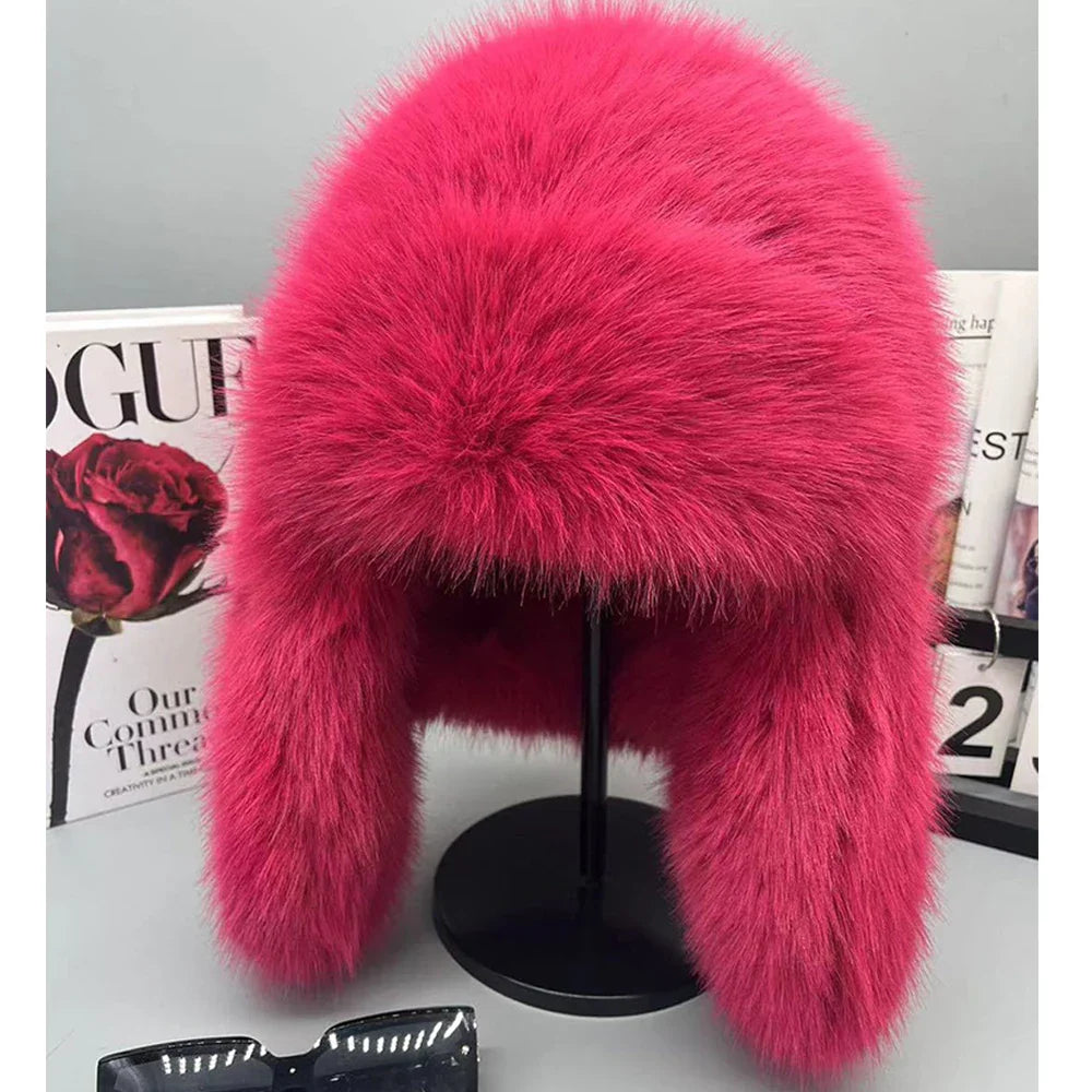 Warm women's hat made of faux fur