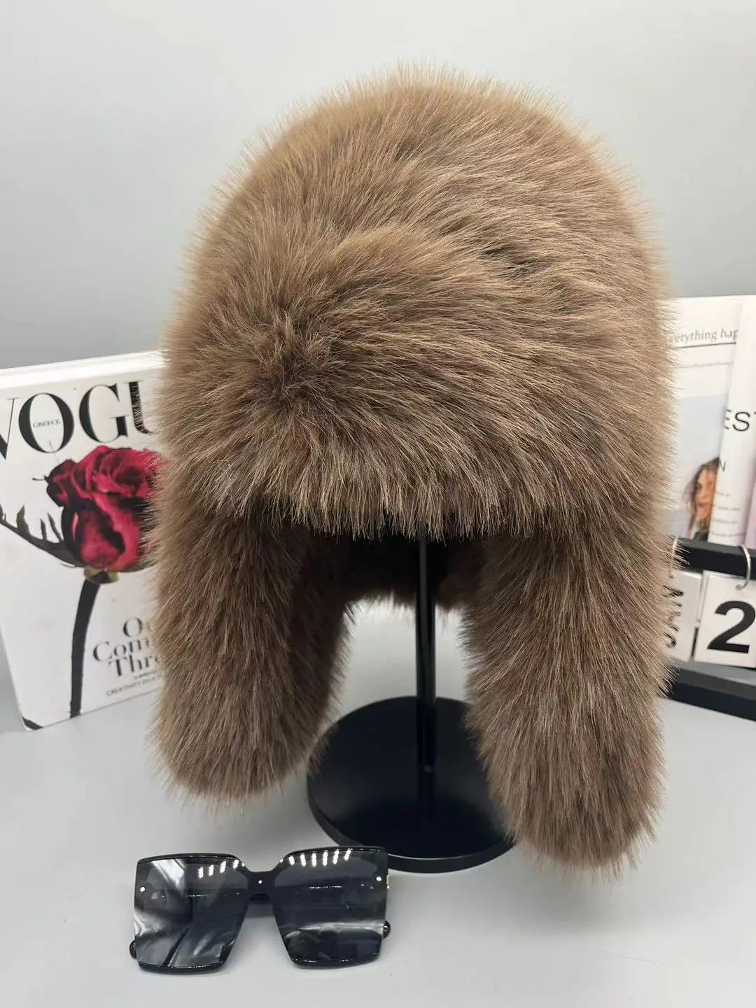 Warm women's hat made of faux fur