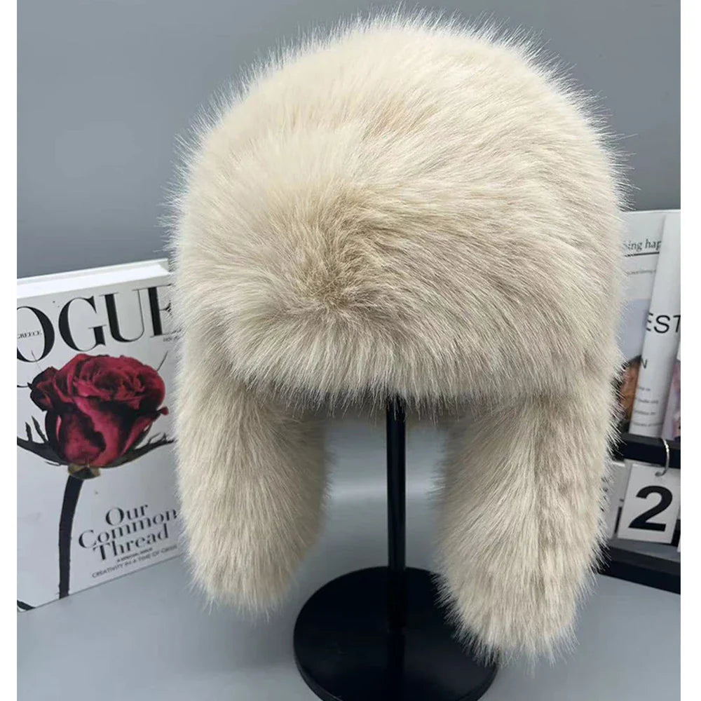Warm women's hat made of faux fur