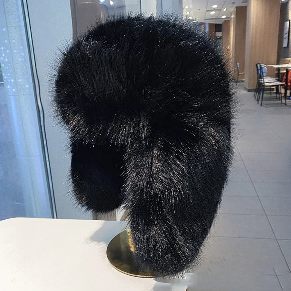 Warm women's hat made of faux fur