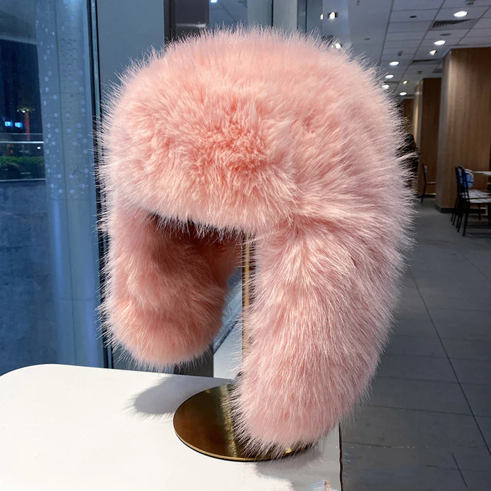 Warm women's hat made of faux fur