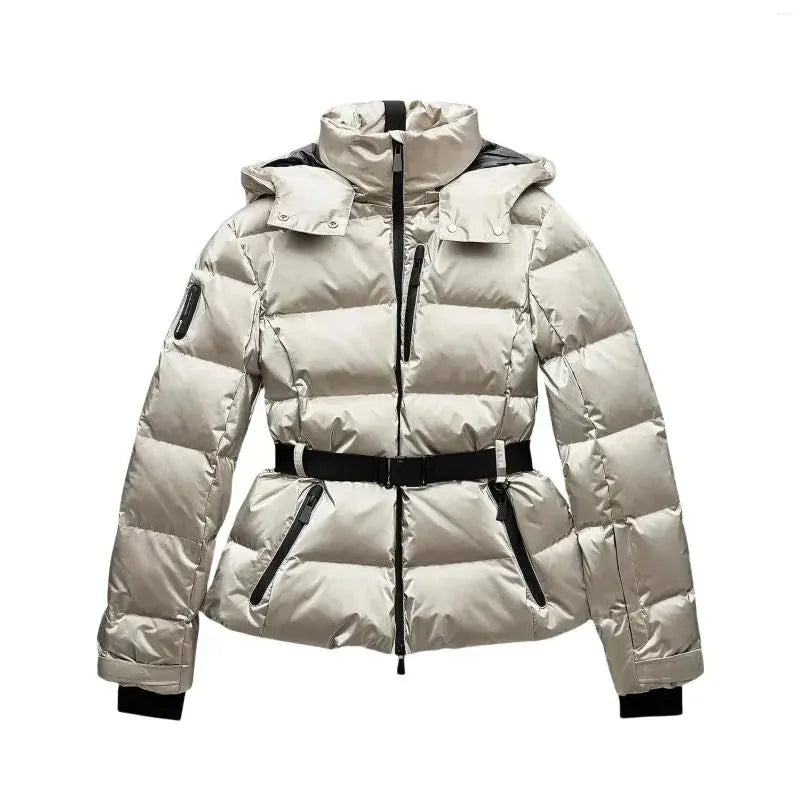 Water-repellent puffer jacket women with waist belt