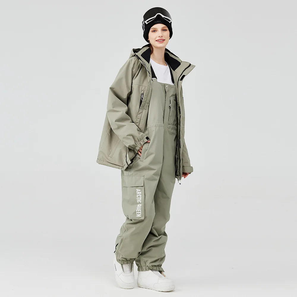 Waterproof ski suit for women with suspenders