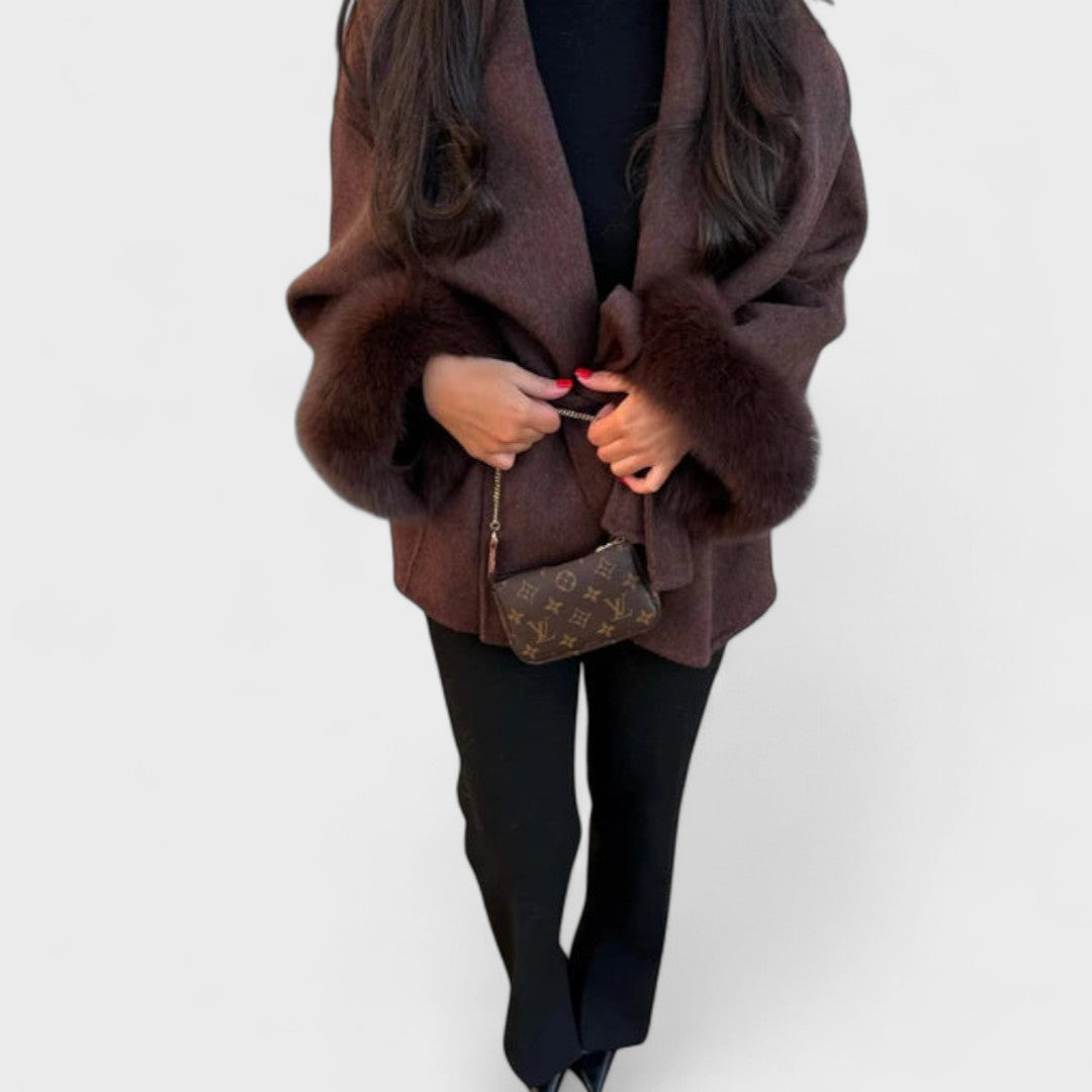 Naomi Luxe Wool Wrap Coat For Women Warm Elegant Wrap Silhouette With Self Tie Belt And Faux Fur Cuffs