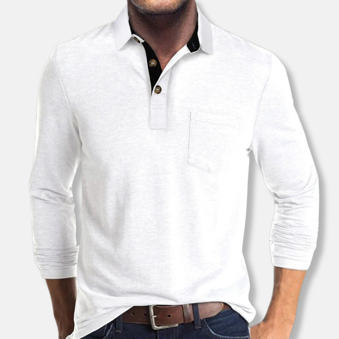 Men's Cotton Blend Long Sleeve Polo Shirt Regular Fit With Contrast Collar For Smart Casual Wear