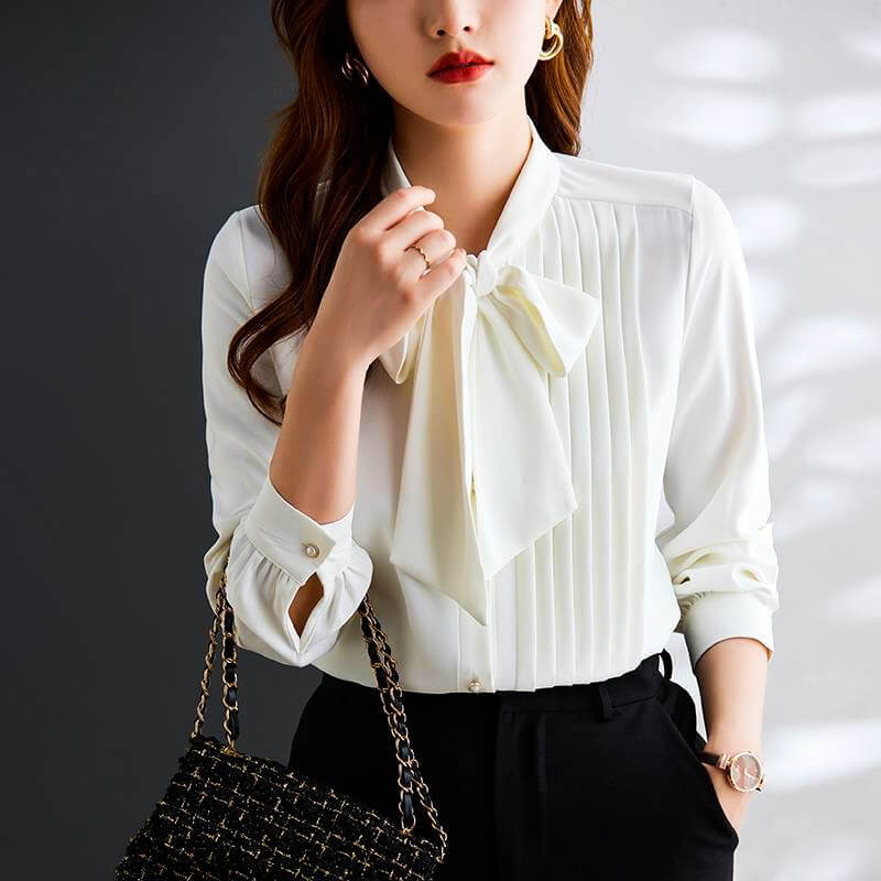 Elise Chiffon Blouse With Elegant Tie Knot For Women Lightweight Pleated Front Silhouette