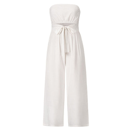 Women's Jumpsuit - Strapless - Waistband - Wide Leg Width - Elegant and Comfortable