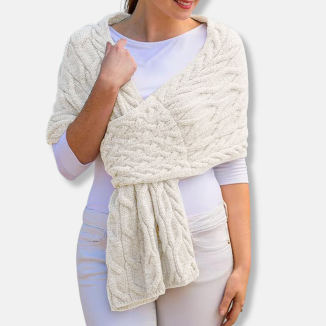 Women’s Shawl Scarf - Wool - Cable Knit Pattern - Long Coverage