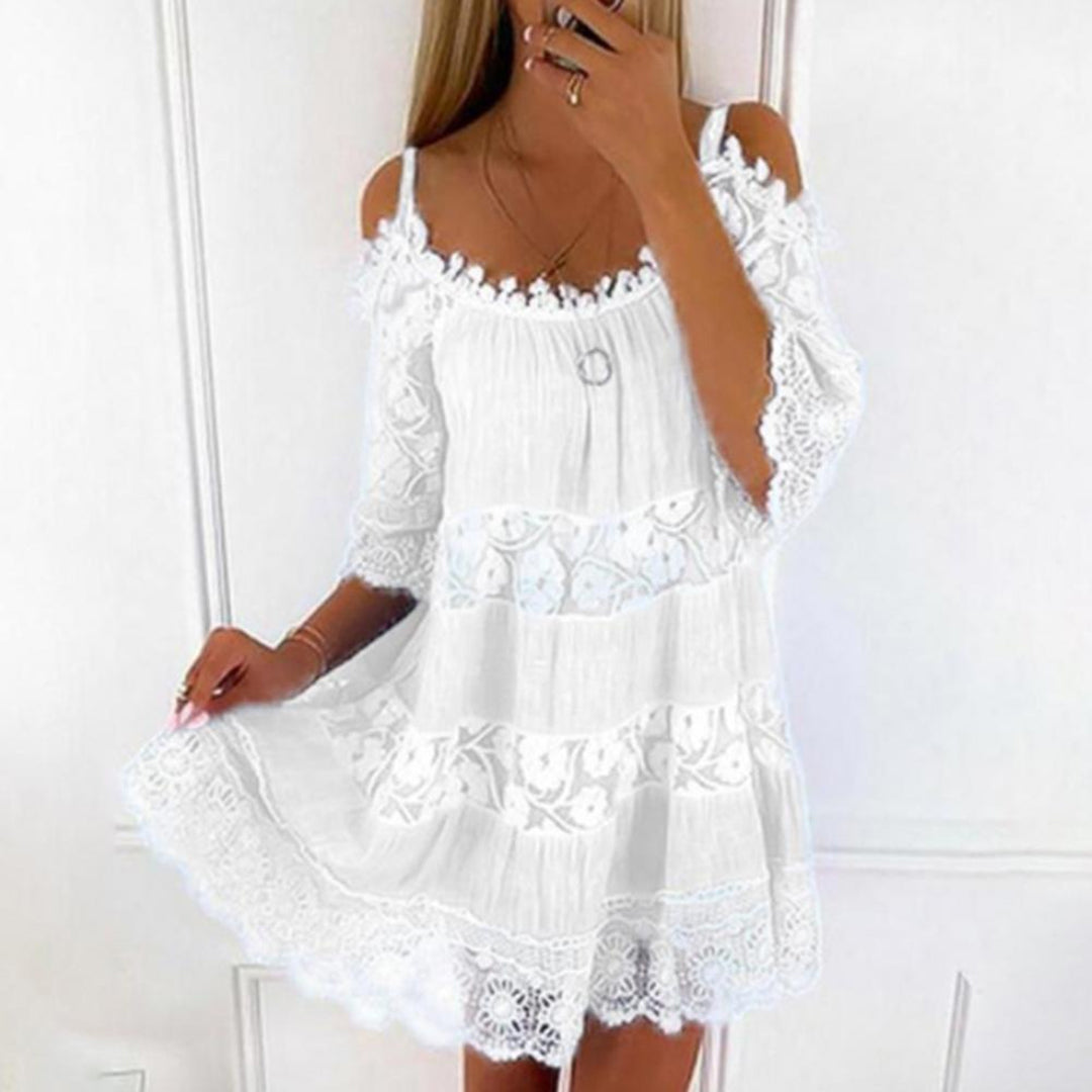 Women’s Off-Shoulder Mini Dress – Flowy Fit – Lace Panels – 3/4 Sleeve – Lightweight