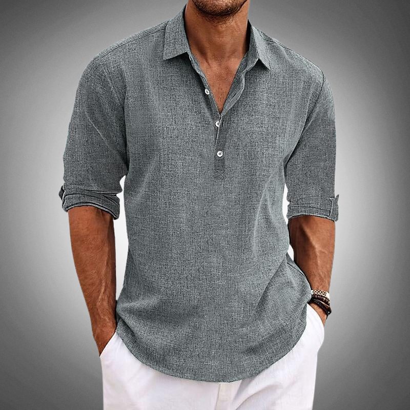 Men's Linen Shirt Lightweight Breathable Relaxed Fit Long Sleeve With Button Closure