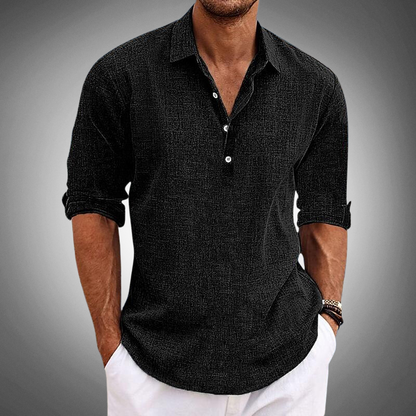 Men's Linen Shirt Lightweight Breathable Relaxed Fit Long Sleeve With Button Closure