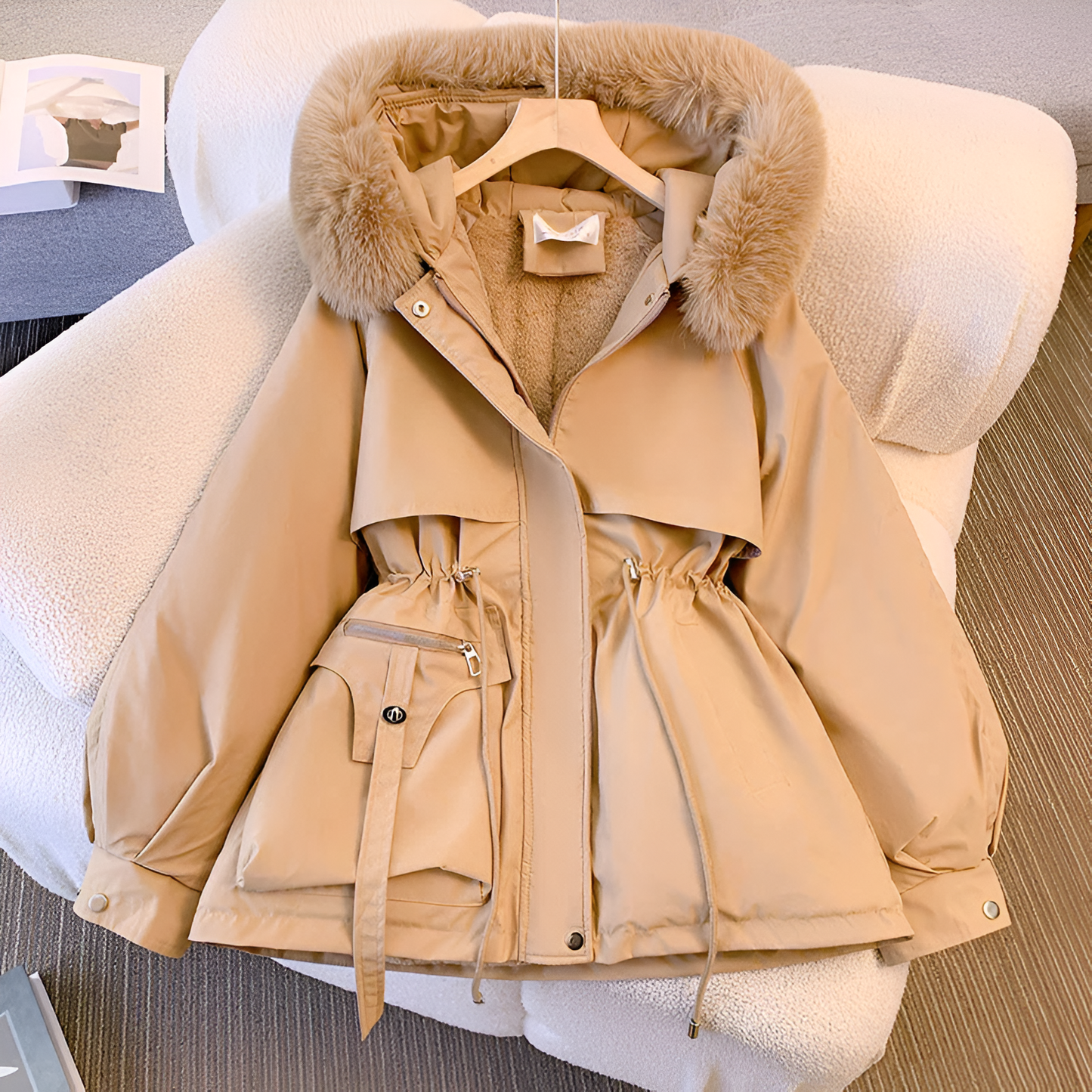 Nova Winter Coat For Women Warm Insulated With Cinched Waist And Faux Fur Trim And Soft Lining For Comfort