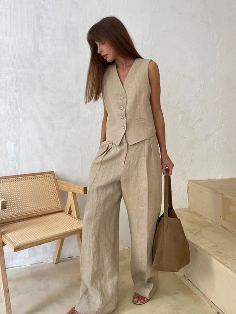 Tanya | Summer Chic Vest and Pants made of Linen-Cotton Blend for Women