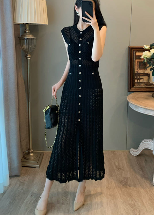 Robe longue noire ajourée en tricot à simple boutonnage et boutons sans manches pour femme - TrendAura
