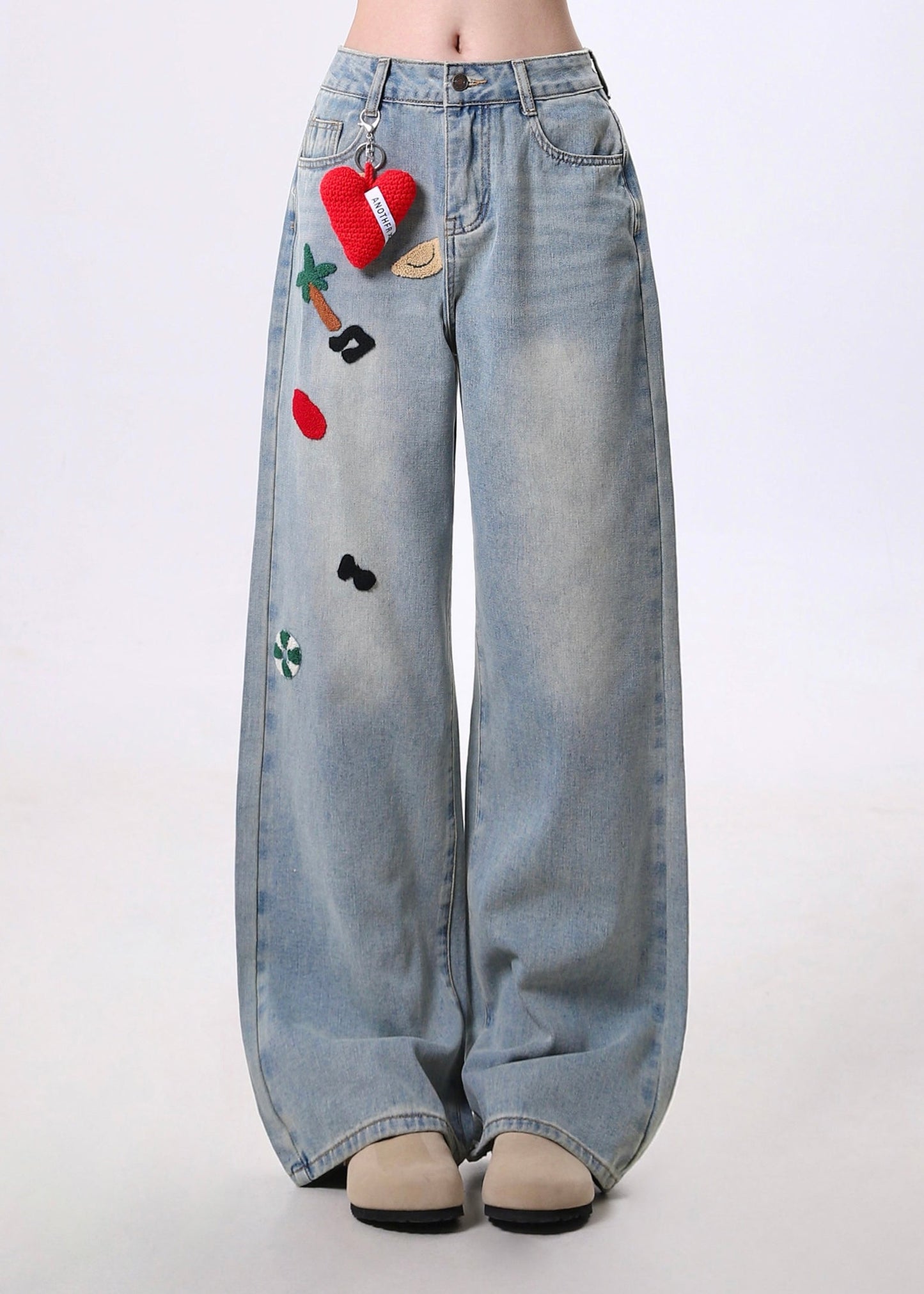 Pantalon en jean bleu à poches brodées pour femme, printemps - TrendAura