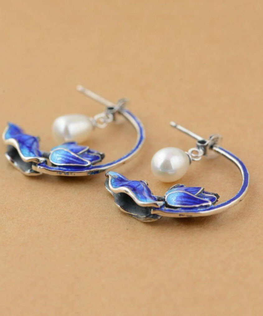 Boucles d'oreilles créoles en argent sterling bleu avec perles cloisonnées et lotus pour femmes - TrendAura