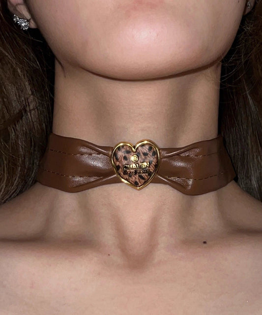 Collier ras du cou en cuir et alliage d'argent sterling marron pour femme - TrendAura