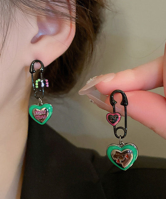 Boucles d'oreilles pendantes en alliage de zircon vert pour femme, motif graphique Love Drip Glaze - TrendAura