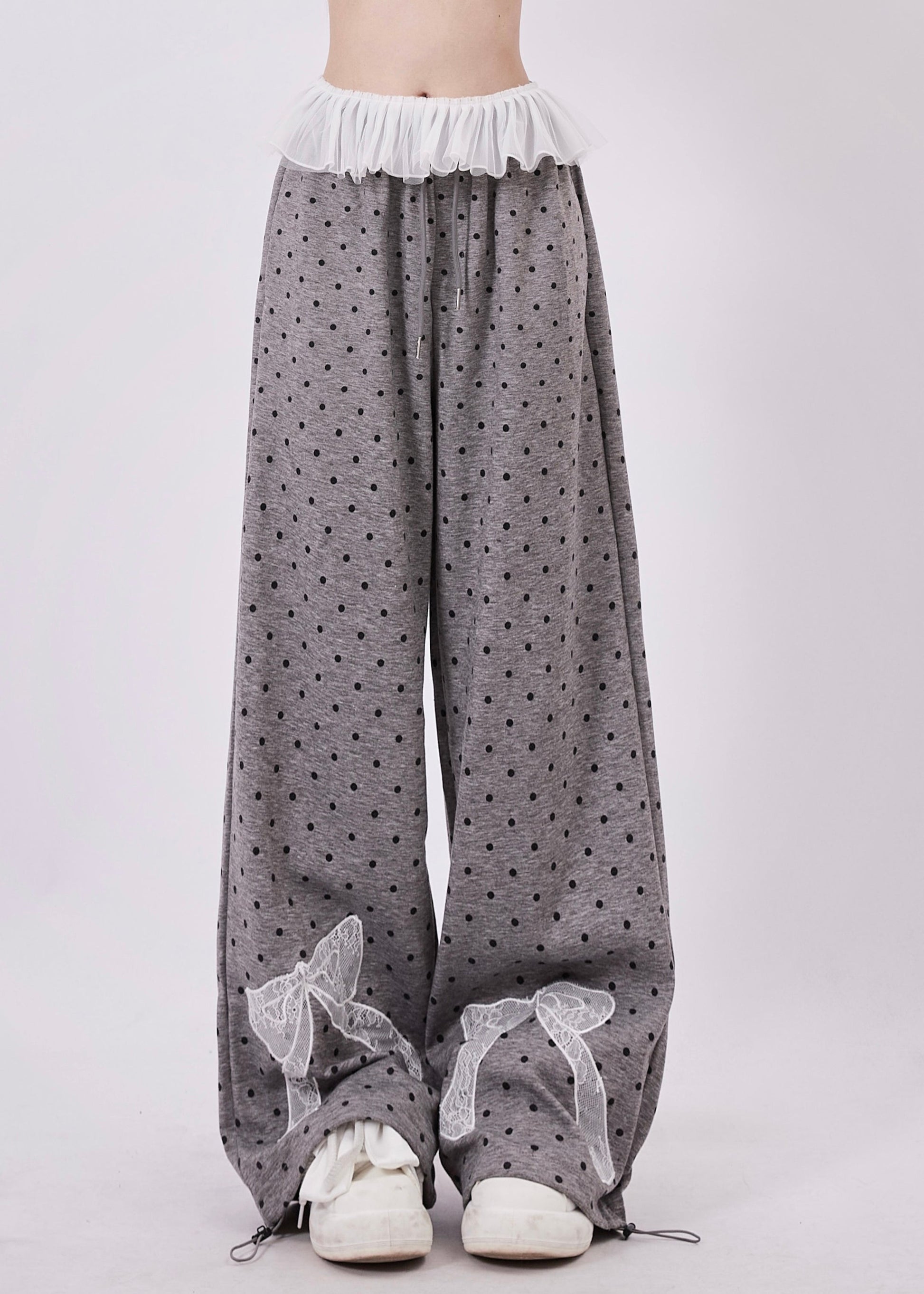 Pantalon large en coton à pois gris pour femme, avec nœud en dentelle et patchwork, printemps - TrendAura
