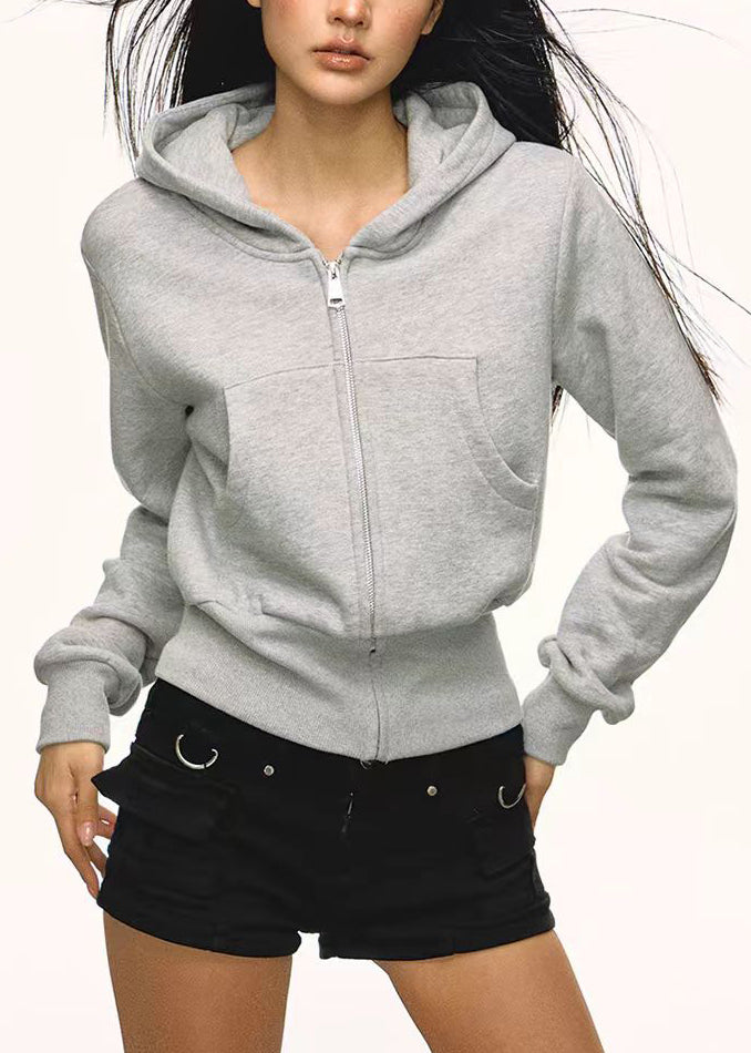 Sweat à capuche gris à poches zippées pour femme, en coton décontracté, idéal pour l'automne - TrendAura