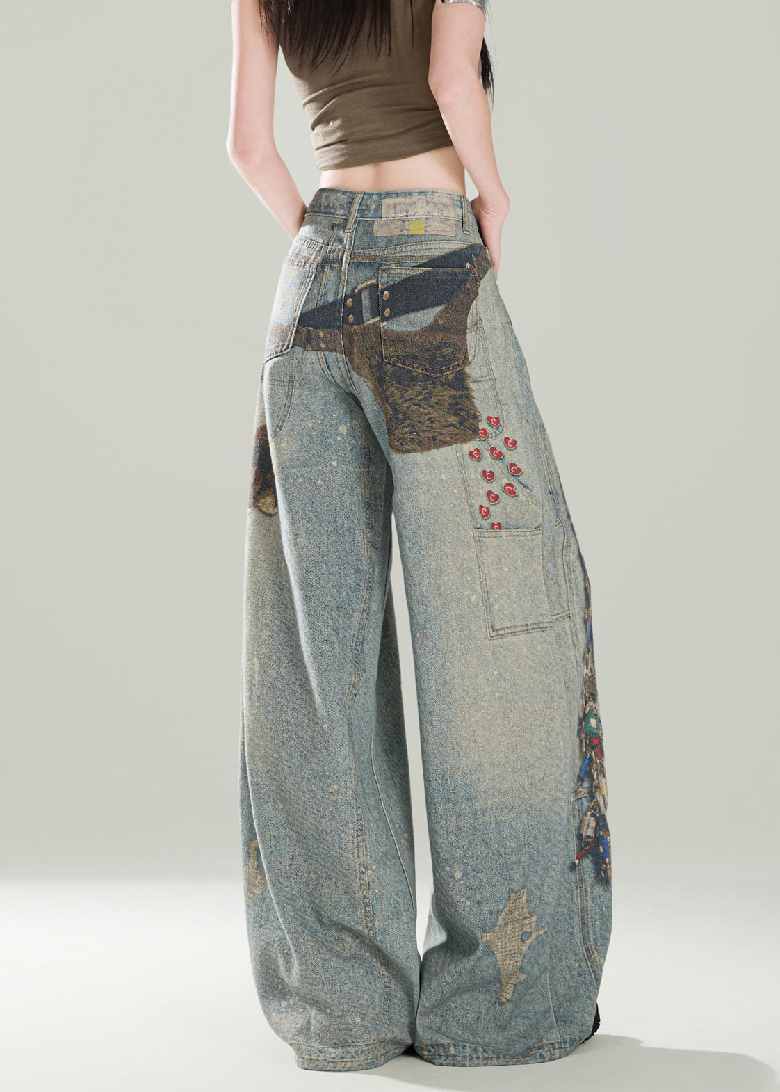 Pantalon large en denim bleu élégant avec poches imprimées pour femme, automne - TrendAura