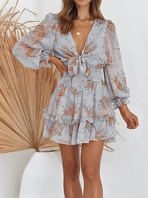 Women's Dress - Mini Fit & Flare - V-Neck Tie - Long Voluminous Sleeves - Ruffle Details