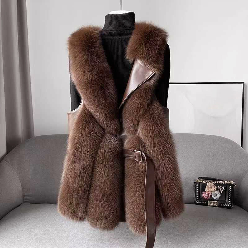 Women’s Faux Fur Vest with Belted Waist and Faux Leather Trim